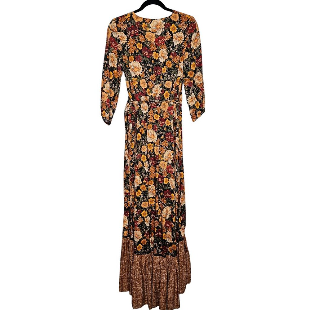 Farm Rio Madrid Maxi Dress Anthropologie‎ Floral Gold Yellow Wrap High Low XS - Picture 9 of 12